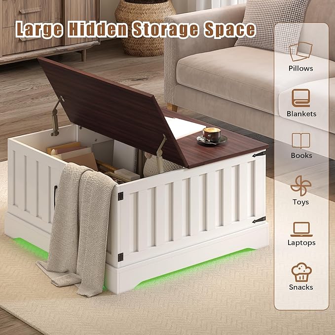 Square Lift Top Coffee Table with Storage, White Brown Led Coffee Table for Living Room with Large Hidden Storage, 30.7" Wood Table Led Center Table for Dining Reception Room