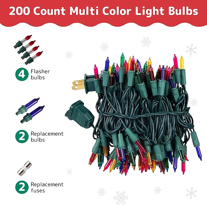 PREXTEX Multi Colored Christmas Tree Light String - Twinkle 200 Lights Mixed Color with Green Wire - 40 ft Outdoor Mardi Gras Lights for Holiday and Indoor Decorations