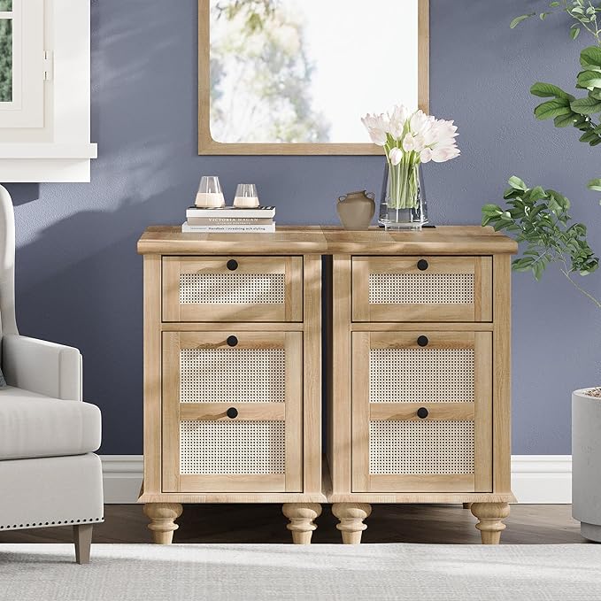 WAMPAT 2 PCS End Tables with Charging Station, Farmhouse Bedside Table with Solid Wood Leg, Rattan End Table with Storage Drawer & Power outlets USB Ports for Bedroom, Living Room