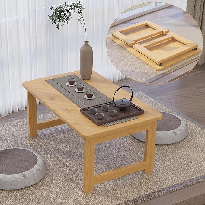 Japanese Floor Table, Bamboo Folding Coffee Table, Portable Solid Wood Japanese Tatami Tea Table Table, No Assembly Japanese Dining Table for Sitting on The Floor, Easy Storage (Natural)