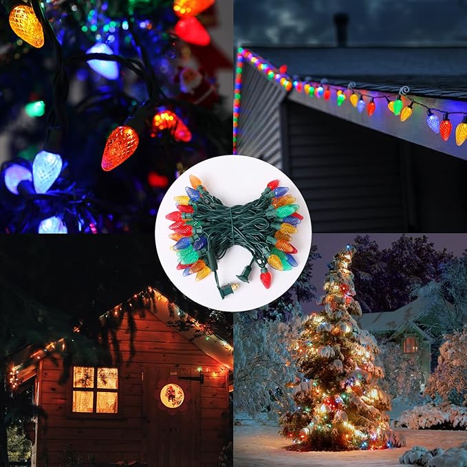 2-Set C7 Led Christmas String Lights, 25.16ft 50 LED Waterproof Decorative Light Strand, Extendable Green Wire String Lights for House, Christmas Tree, Patio, Party Decoration, Multicolor