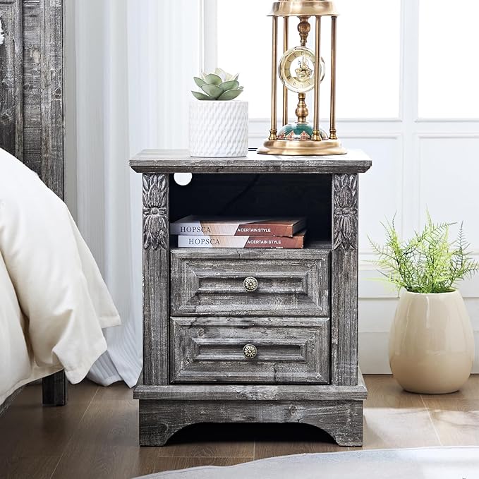 Nightstand wtih Charging Station, 20" End Table with 2 Drawers, Farmhouse Side Table Storage Cabinet with Carved Pilasters for Bedroom, Wood Rustic,Light Gray