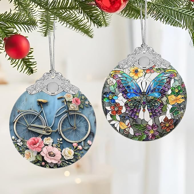 Christmas Decorations Ornaments, Stained Glass Ornament, Christmas Tree Ornaments, 2025 Gift Ornament, Xmas Gift for Friend Family Coworker - Bicycle with Flowers