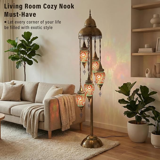 Turkish Floor Lamp, 154CM Moroccan Bohemian Style Living Room Decor, Handcrafted Mosaic Metal Base, Includes 5 Olive Shape Lampshades (XGL Floor-04)