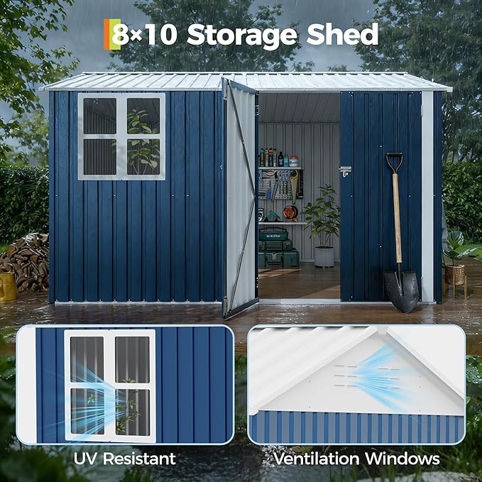 8x10 FT Outdoor Storage Shed,Metal Tool Shed with Clear Window, Lockable Doors,Large Garden Storage Box with Sloping Roof，Sheds&Outdoor Storage for Backyard Garden Patio Lawn, Navy Blue