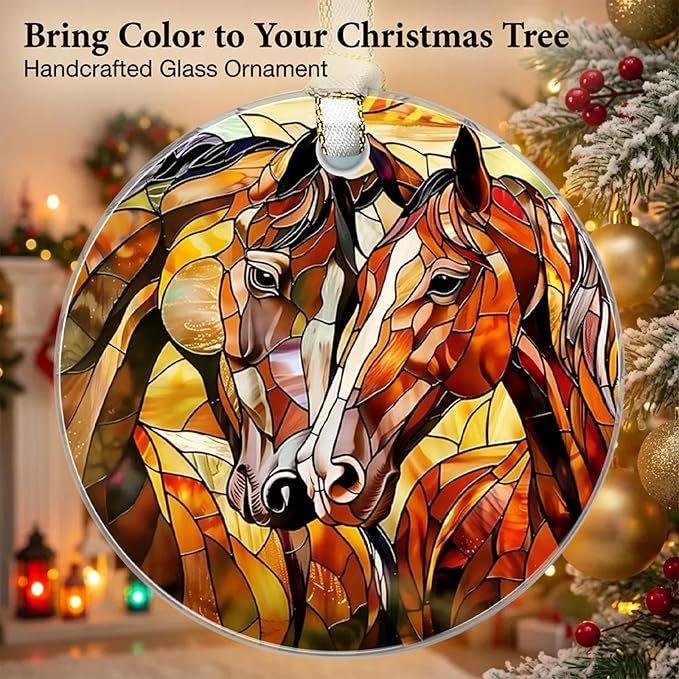 Horse Christmas Ornaments 2025, Stained Glass Christmas Tree Decorations, Exchange for Women, Men, Collectible Dated Year Ornaments for Tree - Glass Hanging Ornament