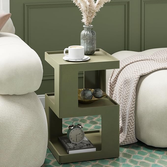 COZAYH Farmhouse Geometric Wood End Table, Distressed Accent Side Table with Two Storage Space, 3-Layer Cube Design for Bedroom, Living Room, Entryway, Green