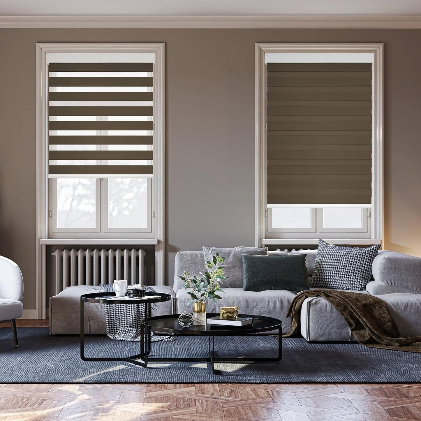 HESTIA Cordless Zebra Blinds Light Filtering Roller Shades UV Blocking Blackout Privacy Indoor Window Shades for Home Office Day and Night, Brown,37" W x 54" H