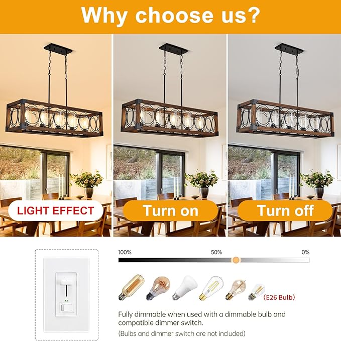 35.5" Dining Room Light Fixture/Chandelier Over Table, 5-Light Rustic Wood Kitchen Island Lighting with Clear Glass Shade Farmhouse Hanging Pendant Lights Fixtures for Kitchen Island Dining Room‌ Bar