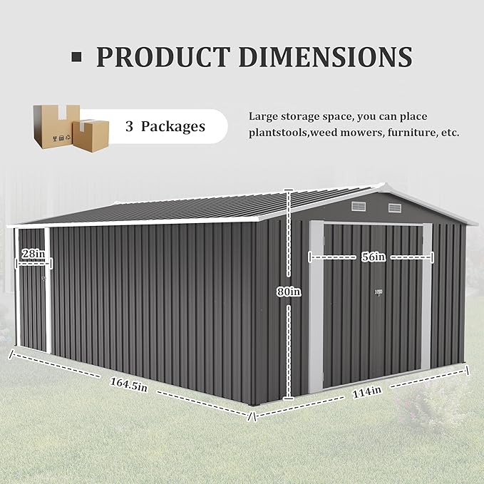 10x14 FT Outdoor Storage Shed, Large Metal Garden Shed with Side Door, Outside Tool Sheds with 3 Lockable Hinged Doors, Waterproof Storage Building with 4 Air Vents for Backyard, Patio, Dark Gray