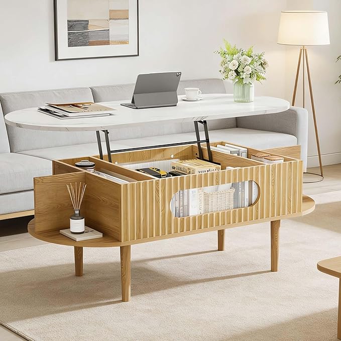 47" Coffee Table, Wood Oval Center Table with 3 Hidden Compartment & 4 Open Space, Faux Marble Tabletop, Modern Coffee Table for Living Room, Home Office, Natural