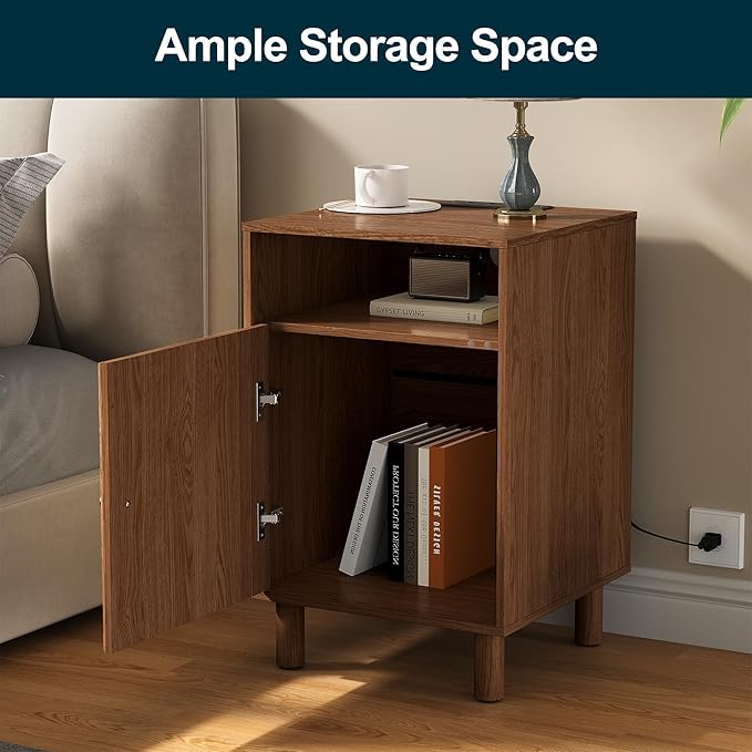 RoyalCraft Nightstand Set of 2, Modern Side Table with Charging Station, Accent End Table with Solid Wood Legs, Bedside Table for Bedroom, Entryway, Brown