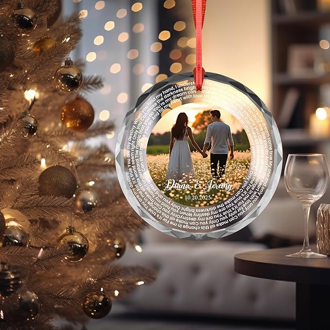 Love Letter Circle Ornament – Custom Photo, Names & Date – Personalized Acrylic/Glass Ornament with Poem or Lyrics – Couple Gift