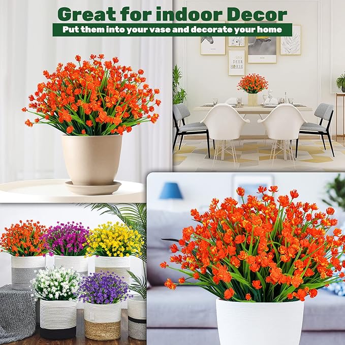 Lnoicy 20pcs Artificial Flowers for Outdoor,Plastic Flowers Decoration, UV Resistant Faux Flowers Shrubs, Artificial Plants for Indoor Outside Garden Home Wedding Farmhouse（Orange）