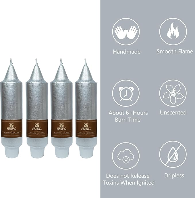 5Inch Short Taper Candles Candlesticks Handmade Set of 4 Unscented Smokeless Long Burning Dripless Tapered Candle for Wedding Christmas Decoration(Silver)