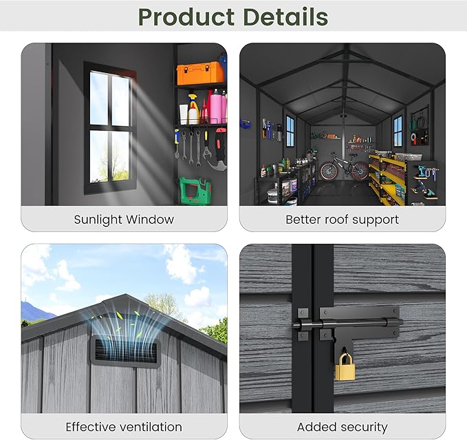 Amopatio Outdoor Storage Shed with Floor,8x10 FT Lockable Plastic Tool Shed with Ventilation,Waterproof Resin Garden Sheds for Backyard,Patio,Lawn and Bike Dark Grey