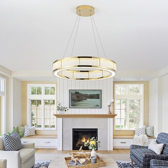 Modern Gold Led Pendant Light,50W Dimmable LED Chandelier Lighting Fixture, 1 Ring Circular Hanging Led Pendant Lighting for Living Room Dining Room Kitchen Island Foyer Office