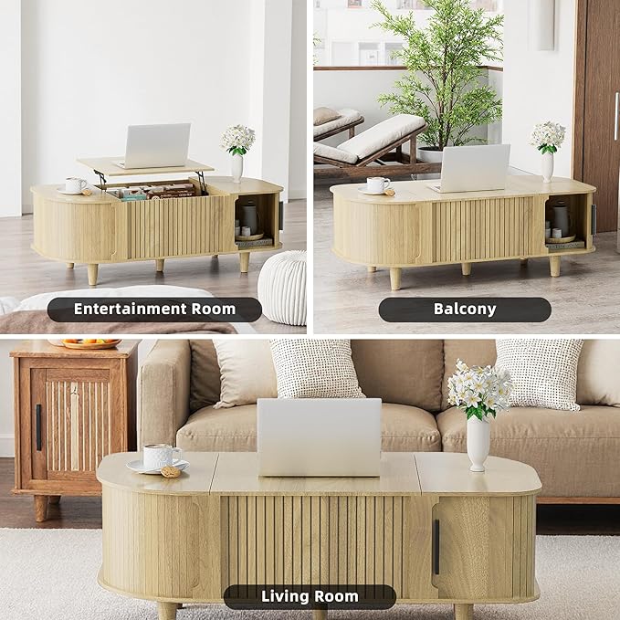 Oval Lift Top Coffee Table, Mid Century Modern Center Table with 3 Hidden Compartment, Coffee Tables with Storage Open Shelf and Sliding Cabinet Door for Home Living Room Office (Natural)