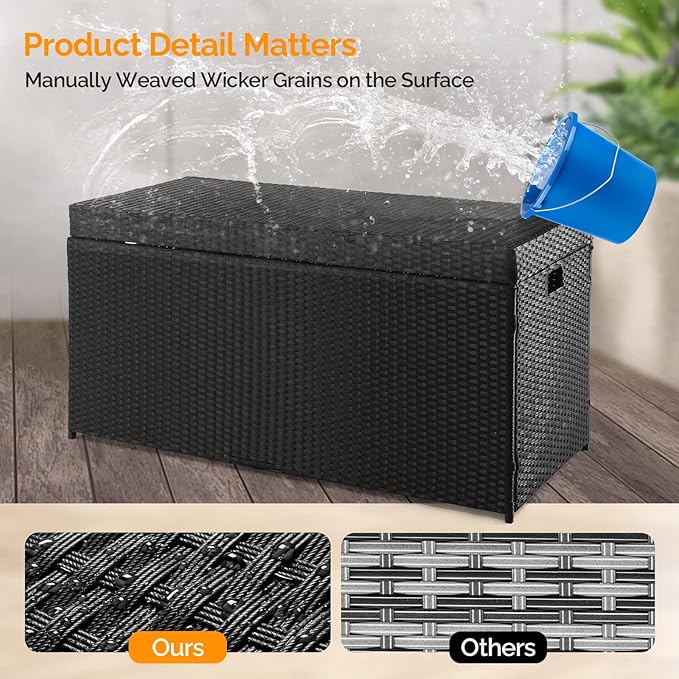 VINGLI Upgraded Version 132 Gallon Outdoor Storage Box, Patio Rattan Deck Box, Wicker Storage Bench for Indoor, Outdoor, Pool, Balcony, Yard, Garden, Black