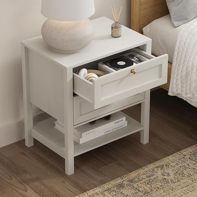 End Tables Set of 2 with 2 Drawers, Farmhouse Nightstand with Open Shelf, Modern Bedside Cabinet Side Table Night Stand for Bedroom, Living Room, Antique White