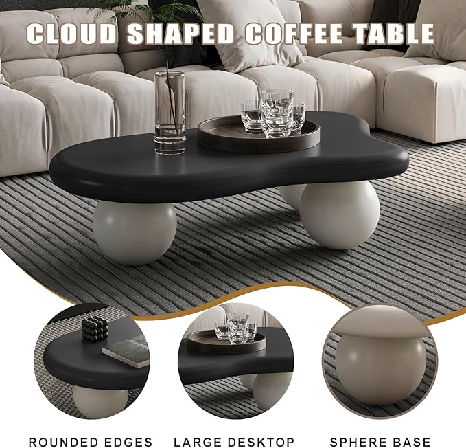 Modern Cloud Coffee Table with 3 Ball Legs, Cute Irregular Shaped Coffee Table, Low Center Table Tea Table for Small Space Living Room (40''L × 26.8''W × 11.7'H)