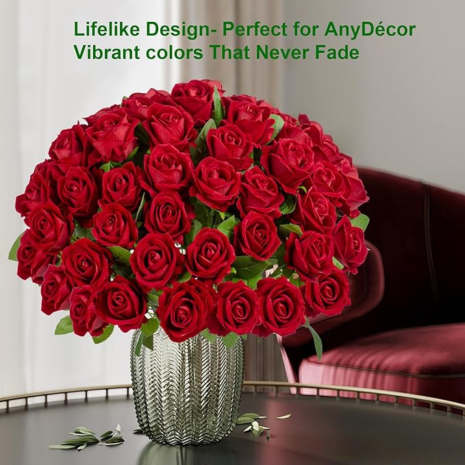 Artificial Flowers Roses Touch Fake Rose Bouquet Flower Stem for Wedding Centerpieces DIY Wreath Home Decorations Silk Roses Mothers Party Fake Outdoor Flowers Decor 19.6"(Red 100PCS)