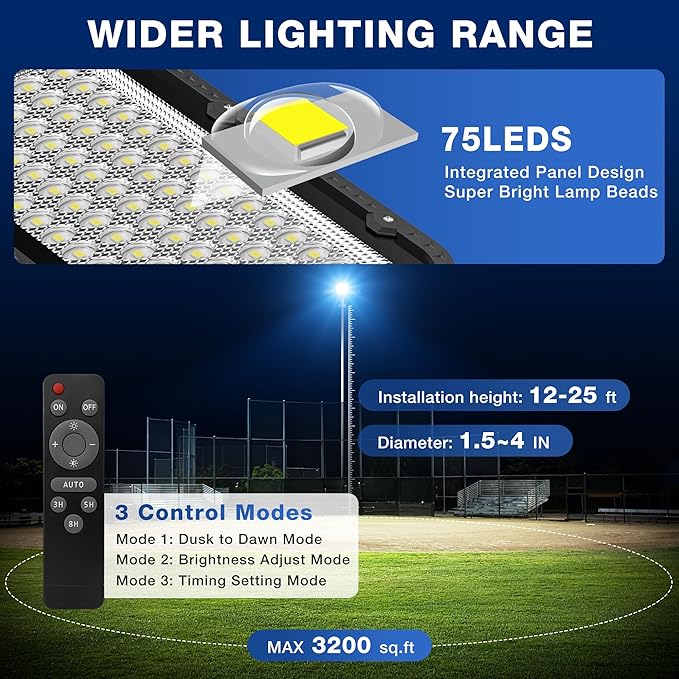 12000W Solar Street Lights Outdoor - 6500K Commercial Parking Lot Lights Dusk to Dawn, Waterproof Solar Powered with Remote Control, High Brightness Solar Street Light for Driveway/Yard/Garage