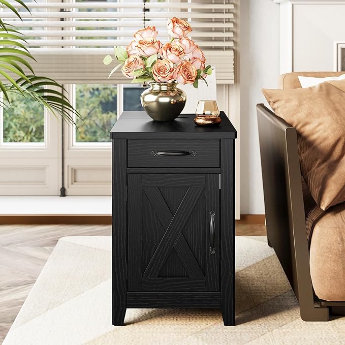 IRONCK End Table with Charging Station, Narrow Side Table for Living Room, Farmhouse Night Stand for Bedroom, Beside Table with Storage and Drawer for Home, Black