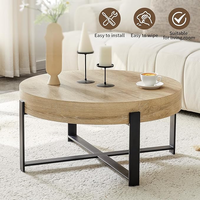 LKTART 31.5'' Round Coffee Table for Living Room, Modern Wood Handcraft Drum Coffee Table with Storage, Stainless Steel Legs Tea Tables, Apartment Small Space, Natural Wood