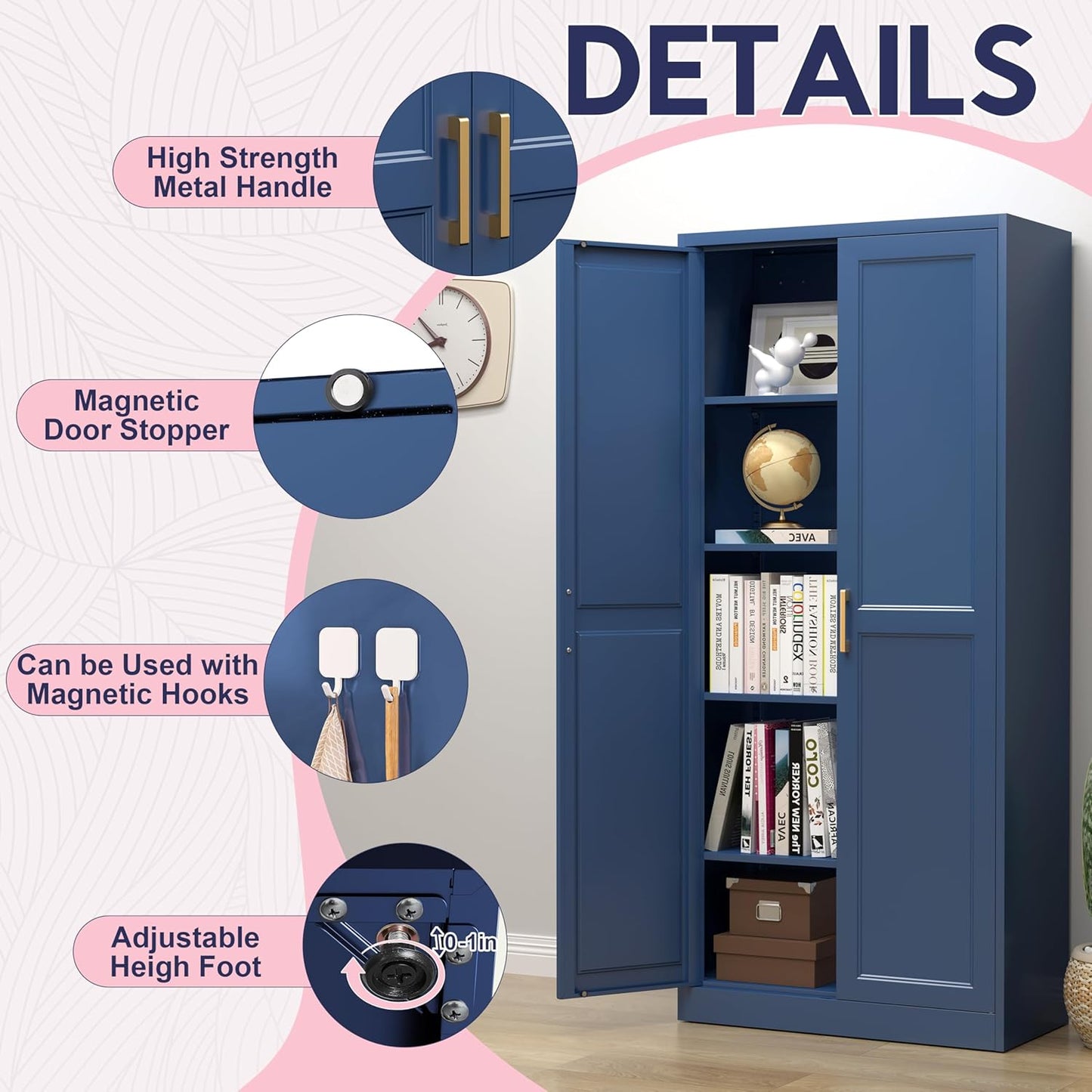 71" Storage Cabinet, Metal Pantry Cabinet, Kitchen Pantry Storage Cabinets with Doors and 4 Shelves, Cabinets for Laundry Room, Living Room, Dinning Room, Assembly Required, Blue