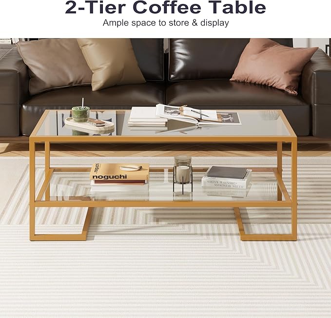 Coffee Table, 2 Tier Tempered Glass Coffee Table, Rectangle Modern Center Table with Metal Frame, Glass Accent Table Open Storage Shelf for Living Room, Office, Golden