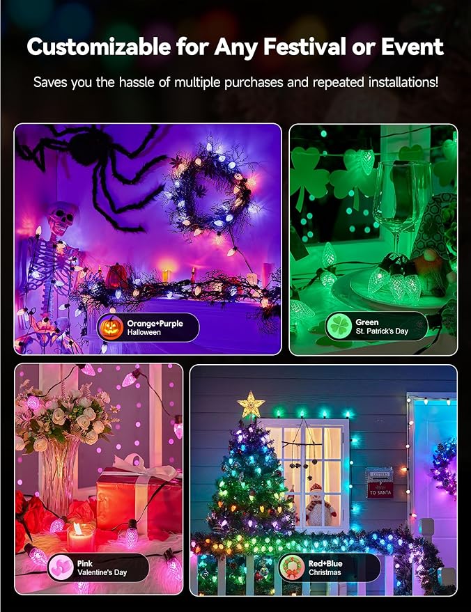 Minetom Smart C9 Christmas Lights Outdoor, 100 LED 99FT Christmas Color Changing Fairy Lights App Control, Music Sync, 105 Preset Modes, Connectable RGB C9 String Lights for House Indoor Xmas Decor