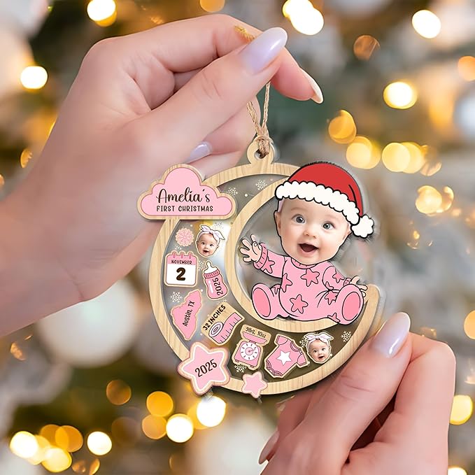 Personalized Baby's First Christmas Ornament 2025 - Custom Birth Stats Shaker Ornaments - Customized Photo Keepsake Ornaments - Xmas Tree Decoration - Gifts for Christmas