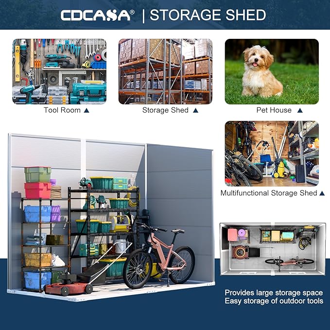 CDCASA 4x8 FT Resin Lean to Shed, Waterproof Outdoor Storage Sheds with Floor & Lockable Door & Window, Sloped Roof Outside Plastic Tool Shed for Backyard, Patio, Poolside, Lawn, Grey