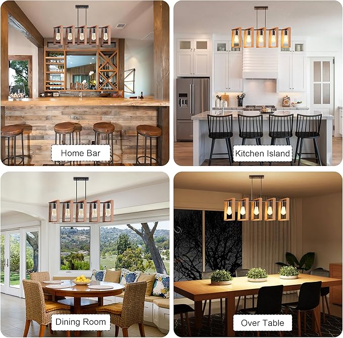 5-Light Island Lights for Kitchen, Rectangular Wood and Black Metal Kitchen Island Chandelier 41.3" Adjustable Rustic Modern Dining Room Light Fixtures Over Table, Chandeliers for Dining Room