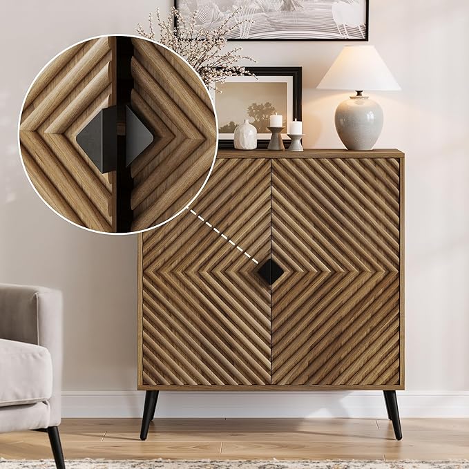 Sideboard Cabinet with Adjustable Shelf, Freestanding Walnut Small Buffet with Storage, Wooden Console Cabinet with Diamond Parquetry Doors for Living Room, Entryway, Console