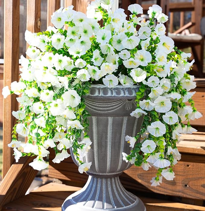 Ivydale 2 PCS Artificial Hanging Flowers Fake Plants for Winter Christmas Outdoor,Faux Silk White Morning Glory with Eucalyptus UV Resistant Realistic Hanging Petunias Vines for Home Garden Decor