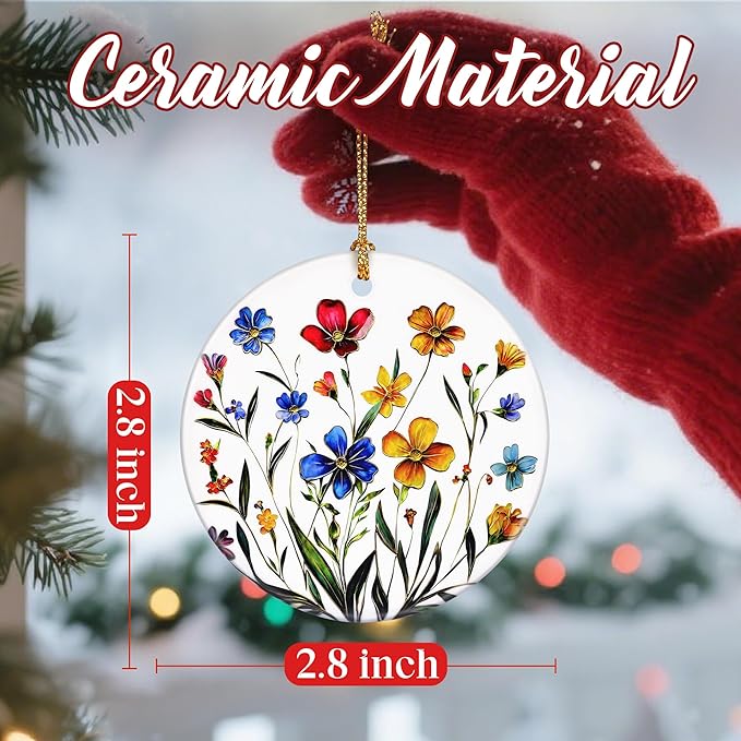Christmas Ornaments, Dodosky 2.8in Ceramic Wildflower Ornament, Xmas Decor, Christmas Tree Ornaments, Xmas Decorations for Tree, Holiday Ornament, Flower Themed Gifts, Gifts for Women, Plant Lovers