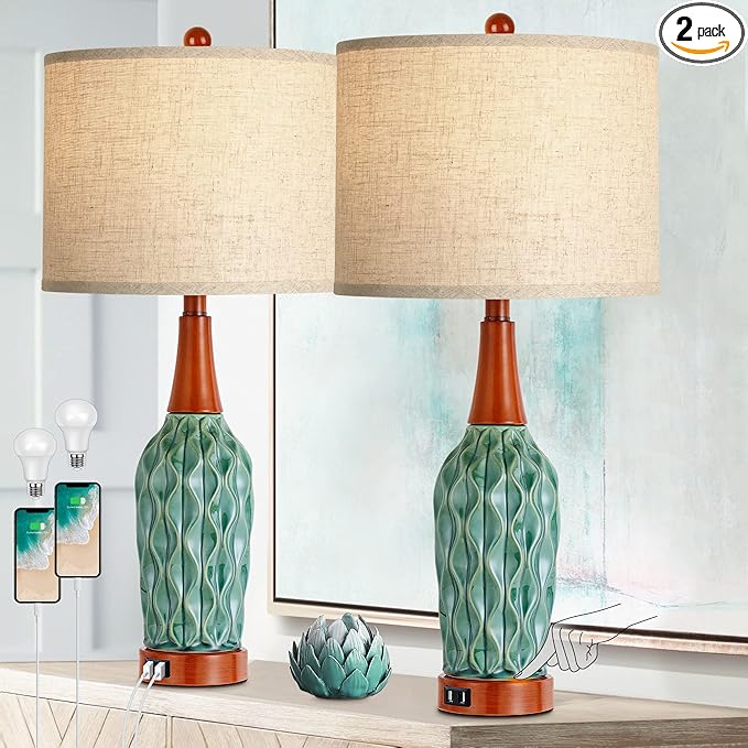 Vintage Table Lamps for Living Room Set of 2, Retro Bedside Lamp for Bedroom with USB Port, MCM Teal Ceramic 3-Way Dimmable Nightstand Lamp with Oatmeal Linen Shade (Bulb Included)