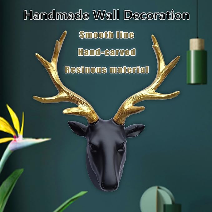 JoyEvy Deer Head Wall Decor-Wall Sculpture Resin Deer Head Gold Antler Faux Skull-Handmade Wall Art Hanging Rustic Animal Cottage Decor Home Cottage (9.5"*11")