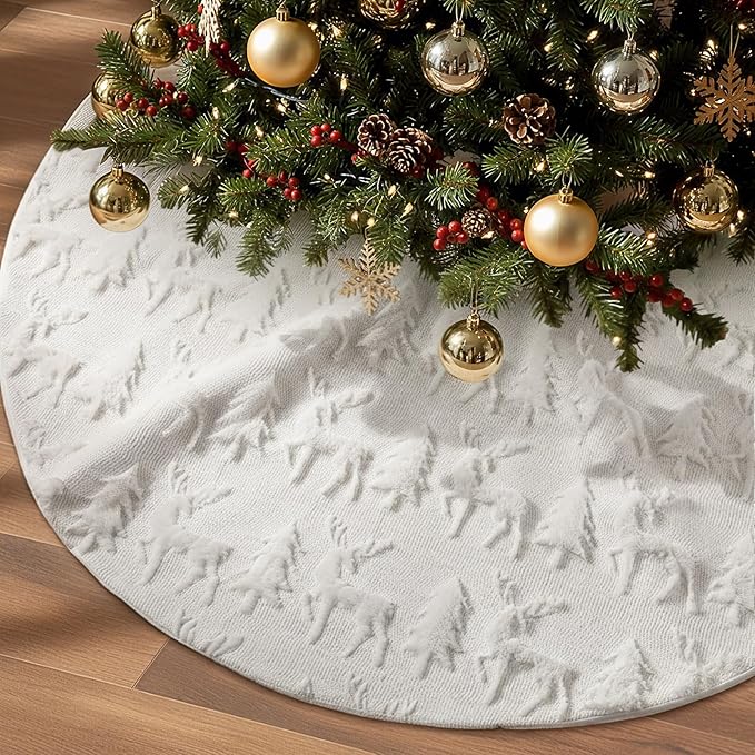 Civaner 48 Inch White Christmas Tree Skirt Faux Fur with Cable Knit Vintage for 7.5 ft Christmas Trees Decoration Thick Plush Skirt Decorations for Xmas Holiday