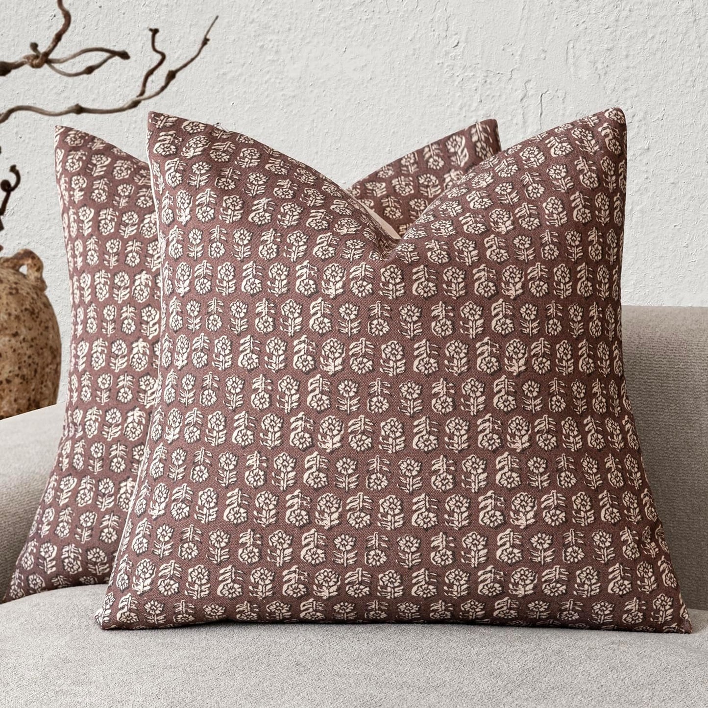 Foindtower Set of 2 Decorative Vintage Floral Print Throw Pillow Covers Neutral Modern Farmhouse Cushion Covers Boho Home Decor for Sofa Couch Chair Bedroom Living Room Outdoor,22×22 Inch,Wine Red