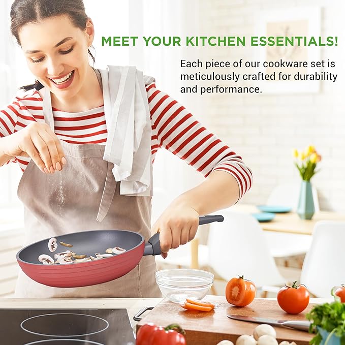 NutriChef 12-Piece Nonstick Kitchen Cookware Set-PTFE/PFOA/PFOS-Free Heat Resistant Lacquer Kitchen Ware Pots Pan Set Dark Gray/Red- Saucepot, Pans, Cooking Pot Oven Pot, Lid, Utensil - NCCW12RED