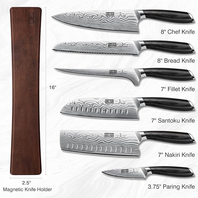 HOSHANHO 7 Pieces Knife Set with Magnetic Knife Holder, Ultra Sharp Powder Steel Kitchen Knives Set, Professional Chef Knife Sets with Ergonomic Pakkawood Handle