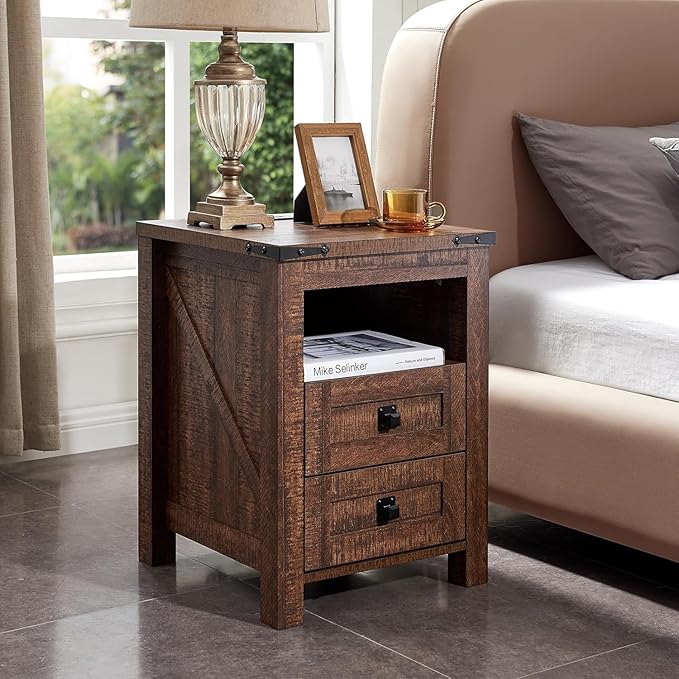 T4TREAM Farmhouse Nightstand Set of 2 with Charging Station, Rustic End Table with 2 Drawers, Storage Open Shelf for Bedroom, Living Room, Wood Side Table, Reclaimed Barnwood