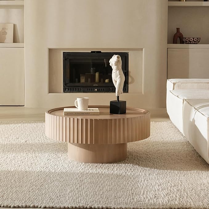 Round Coffee Table with Storage, 30.3” Fluted Drum Modern Living Room Table, Mushroom Shape Wood Gray Center Tables, Accent Coffee Tables for Living Room, Apartment(30.3''L×13.7''H)