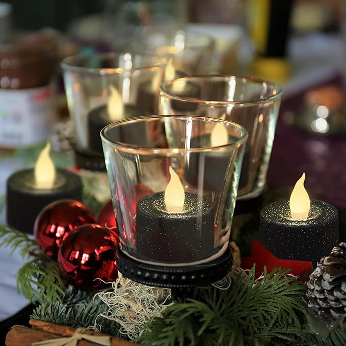 FURORA LIGHTING Black Glitter LED Tealight Candles Pack of 12, Flameless Flickering Tealight Candles for Home Décor, 1.5’’(W) x 1.65’’(H), Battery Operated