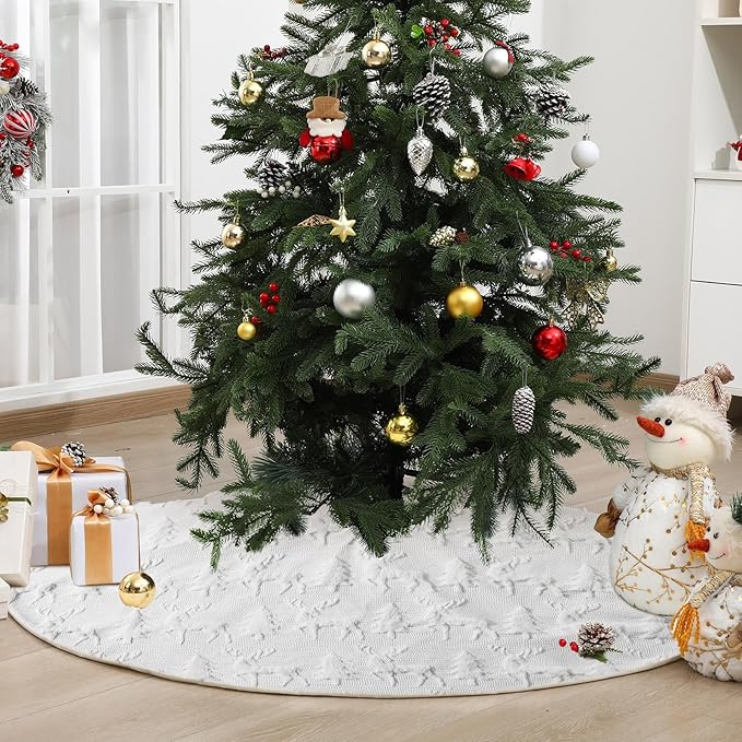 Civaner 48 Inch White Christmas Tree Skirt Faux Fur with Cable Knit Vintage for 7.5 ft Christmas Trees Decoration Thick Plush Skirt Decorations for Xmas Holiday