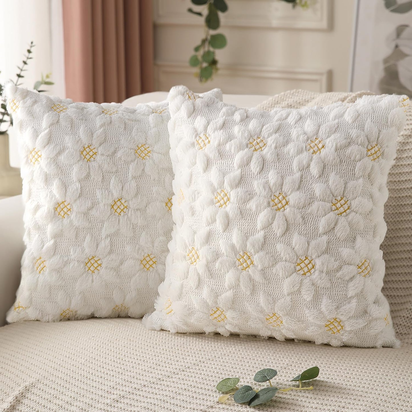 DFXSZ Spring Summer Pillow Covers 18x18 inch Set of 2 Farmhouse Decor Yellow Color Flower Heart Sunflower Soft Plush Faux Fur Jacquard Throw Pillows for Sofa Holiday Spring Home Decor PTK024C18