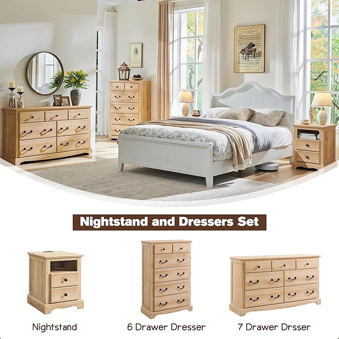 T4TREAM Nightstand with Charging Station Set of 2, Wood Rustic Sofa Side Table with Open Storage Shelf for Bedroom, 18 Inch Vintage End Table with 2 Drawers for Living Room, Natural Oak
